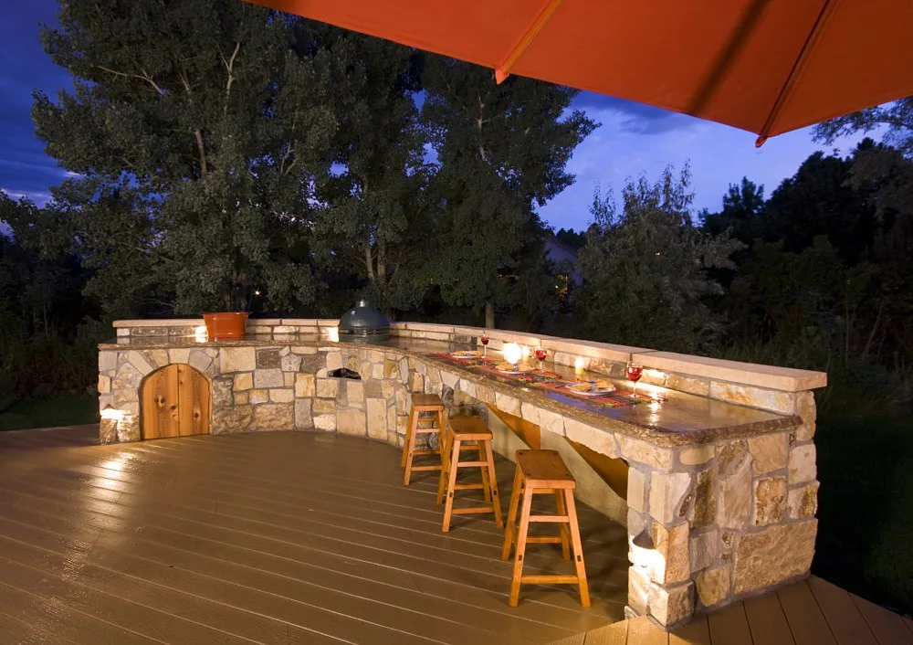 The Montecito 9ft Grand Island with Raised Bar - 108" W x 42" D x 42" H (Bar Height) BBQ Island Built-in cutout for 36" Grand Grill - Ready to Ship